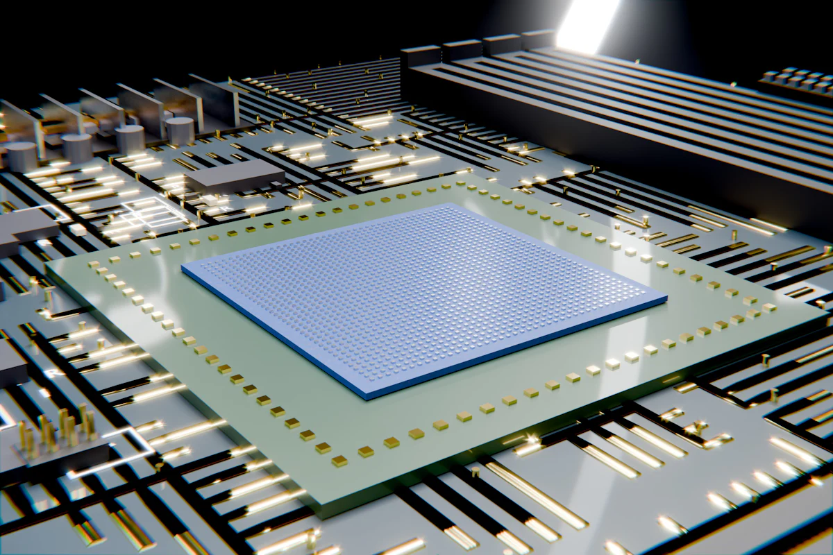 Rendered close-up of a processor package on a circuit board
