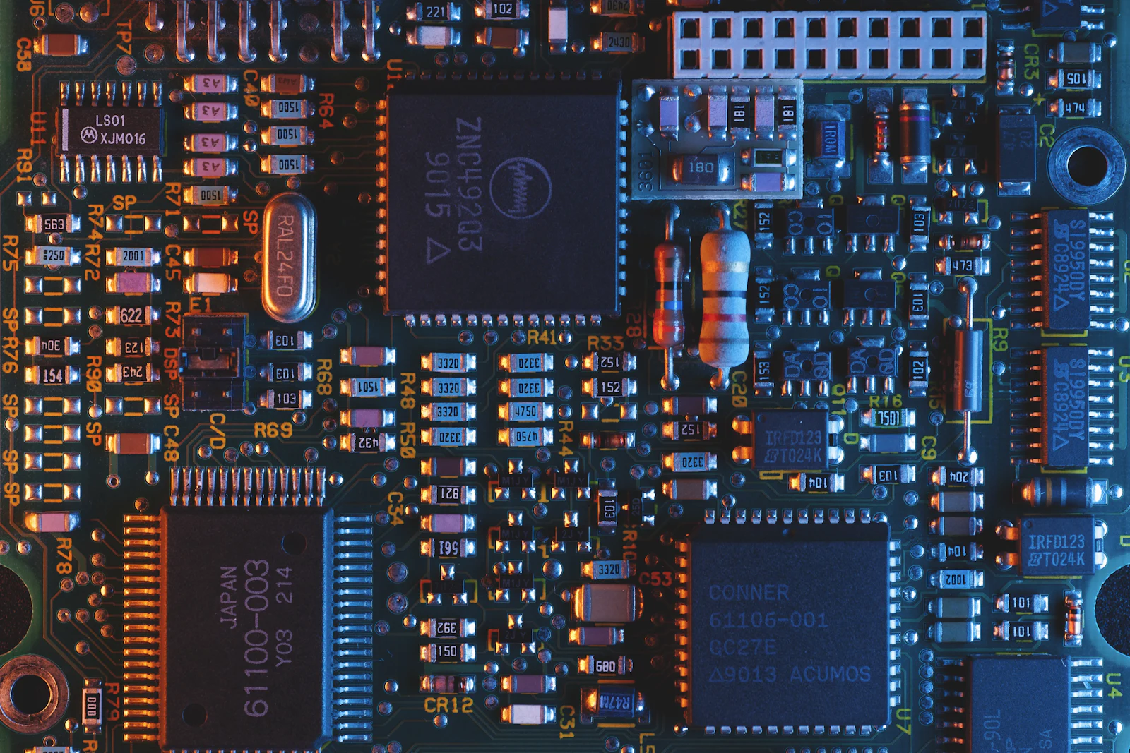 Blue circuit board with dense electronic traces