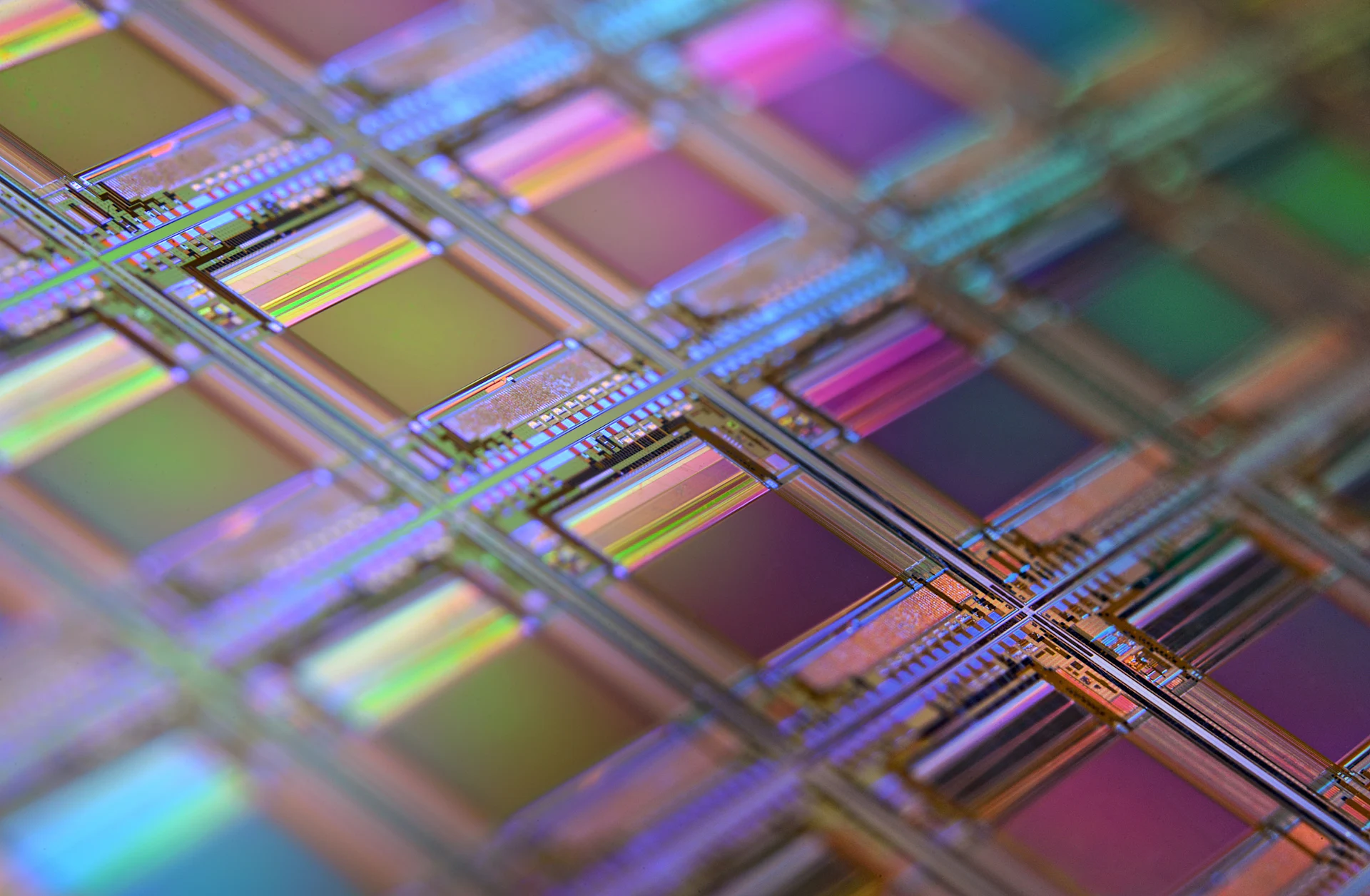 Close-up of a patterned silicon wafer with iridescent die